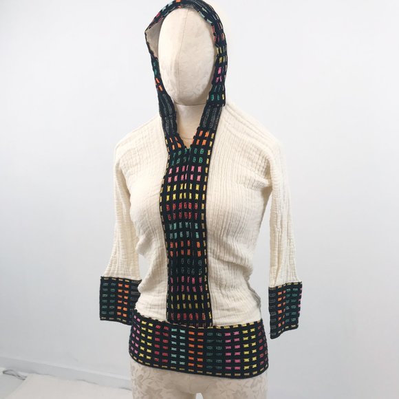 Vintage 70s Surfer Rainbow Stripe Baja Hoodie Cream - Picture 8 of 8